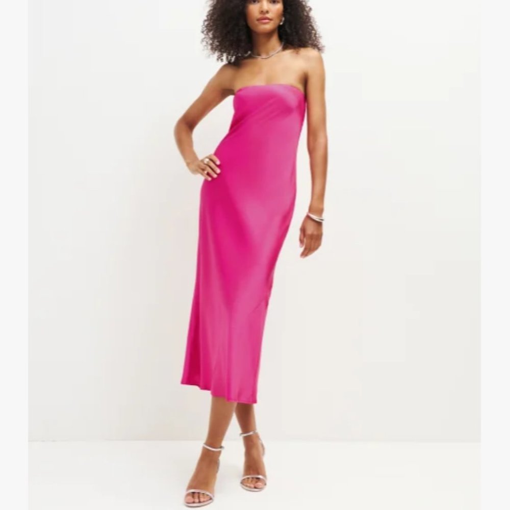 NWOT Reformation Joana Silk Dress in Flambe Pink Sleeveless Midi